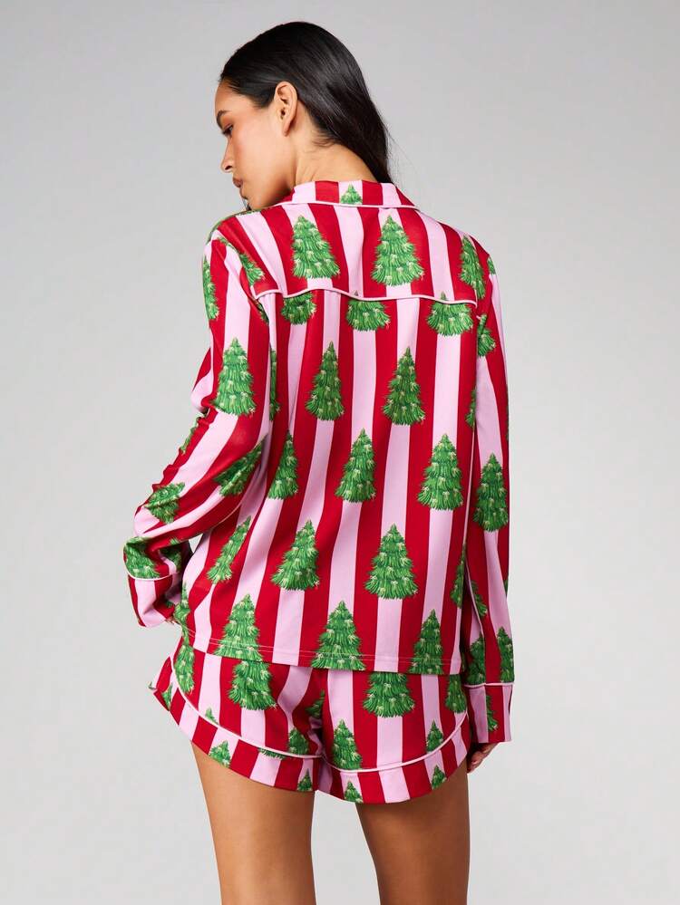MISSGUIDED Weihnachtsbaum Pyjama Set für Frauen Feiertags Nachtwäsche Knopfleiste Langarm Oberteil mit passender Shorts Rot Pink Streifen Festliche Loungewear