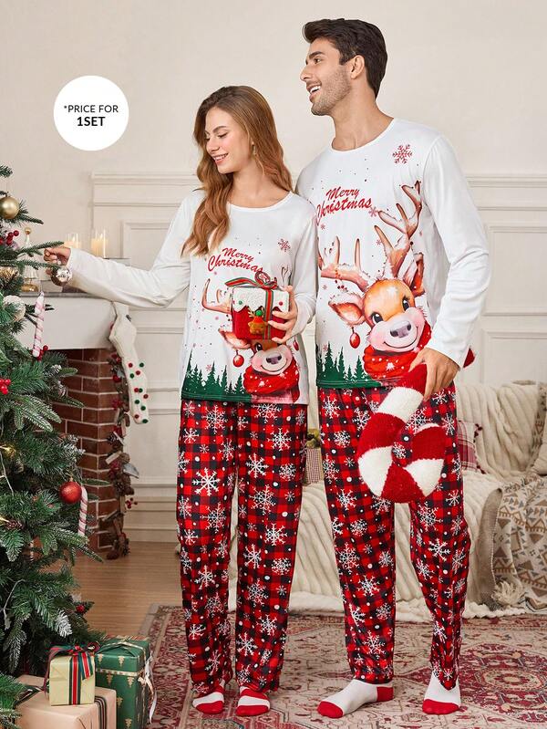 CoupledUp Conjunto de pijama de manga larga y pantalones con estampado de ciervos emparejados, cuadros escoceses y copos de nieve para hombres