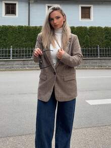 Jeta Ari 女性襯衫領犬牙紋西裝外套 - 棕色 - 查看 4