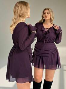 Auralis Plus Size Women Elegant Sexy Deep V Neck Ruffle Waist Cinched Flare Sleeve Mini Purple Chic Casual Beach Holiday Date Dress/Valentine's Day Ruffle Hem Short Skirt/Concert/Performance Costumes/Date/High-End Banquet/Ball/Wedding Season/Valentine's Day/Party/Sexy/Commuting/Elegant Romance/Office Enchantress/Siren Style/Birthday Party Dresses/Winter - Purple - View 2