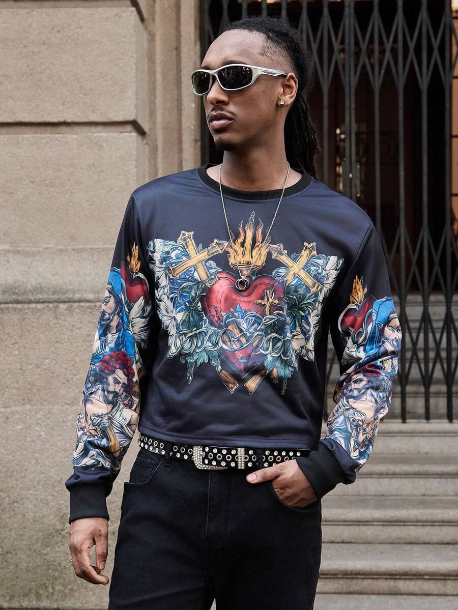 Manfinity Roghcode Men's Black Autumn Streetwear Knitted Sweatshirt,Luxury Graphic Printed Crew Neck Pullover,Loose Cropped Long Sleeve Top,Holiday Fashion Sportswear - Black - View 1