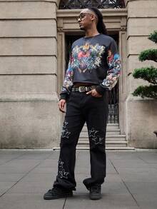 Manfinity Roghcode Men's Black Autumn Streetwear Knitted Sweatshirt,Luxury Graphic Printed Crew Neck Pullover,Loose Cropped Long Sleeve Top,Holiday Fashion Sportswear - Black - View 4