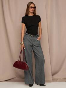 SHEIN BAE Quần ống đứng dáng rộng màu trơn có túi dành cho nữ đi làm thường ngày - Màu xám đen - Xem 5