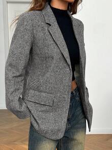 SHEIN EZwear 黑白加大码休闲宽松西装外套，女士冬季服装 - 黑與白 - 查看 4