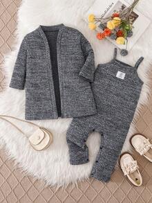 2件套女婴2025新款针织罗纹碎花灰色连体衣，带背带，休闲长袖开衫外套，简约百搭家居服套装