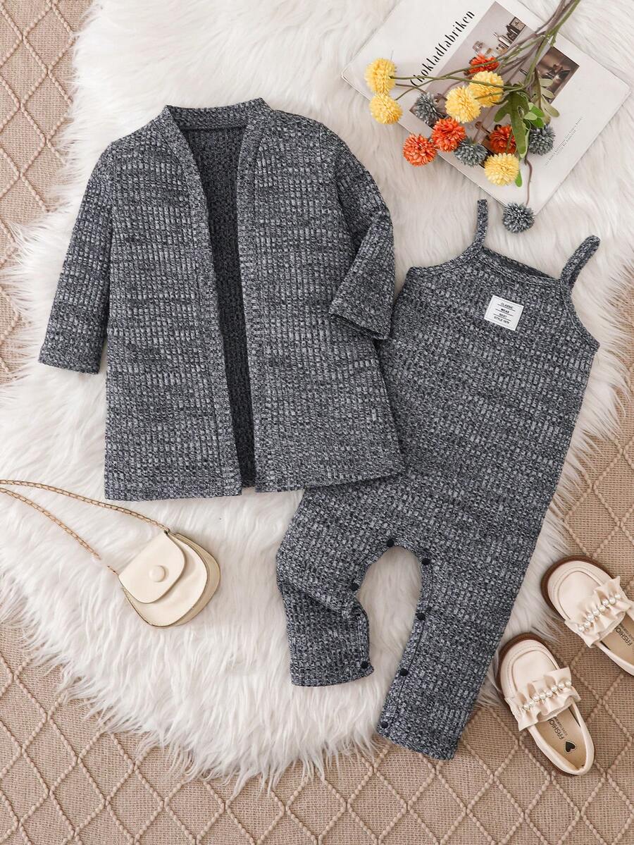2件套女婴2025新款针织罗纹碎花灰色连体衣，带背带，休闲长袖开衫外套，简约百搭家居服套装