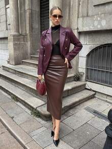 Lavishia 酒红色双排扣金属纽扣通勤复古时尚女式PU夹克 - 酒紅色 - 查看 6