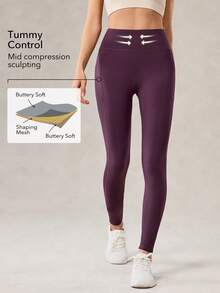 OutZeal Women Outdoor Leggings Solid Color Workout Gym Yoga Thermal Lined Tummy Control High Waist Multi Pocket Sports Pants Fall Winter - Purple - View 2