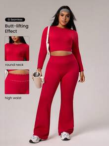 Rhythm Era Conjunto deportivo de talla grande para mujer con pantalón acampanado y manga larga - Rojo - Ver 2