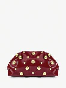 SHEIN SXY 女士手拿包，时尚、优雅、简约、个性、百搭、经典、金色、不对称铆钉，适合通勤、办公、约会、日常、购物、下午茶 - 酒紅色 - 查看 2