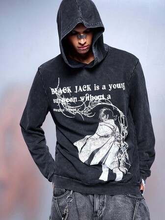 Black Jack X ROMWE Sudadera con capucha con gráfico de anime retro para hombres, adecuada para otoño/invierno, parte superior de manga larga