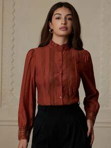 Revavyn Áo sơ mi ren chắp vá tay dài dành cho nữ - Rỉ Nâu - Xem 4