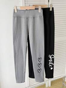 SHEIN 2条装少女保暖高腰打底裤，柔软舒适的罗纹面料，带字母标志，黑色和浅灰色。 - 彩色 - 查看 7