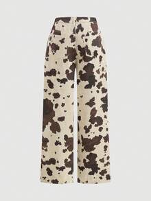 SHEIN MOD Women's Retro Cow Print Wide Leg Jeans, Winter Thanksgiving Graduation Elegant Chic Stylish Brown Jeans - Chocolate Brown - View 2