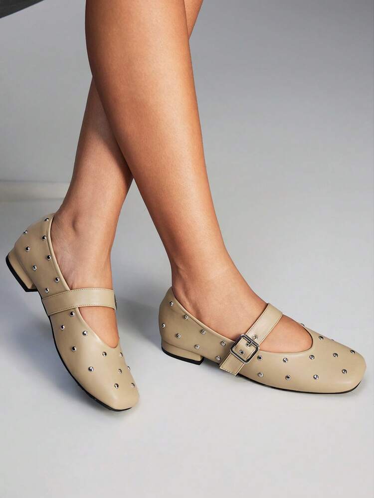 CUCCOO GRLICON 1 Pair Pearl Rivet Decor Mary Jane Flats, Versatile Slip-On Shoes, Suitable For Christmas Party And Y2K Style