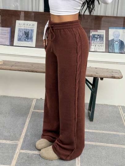 SHEIN EZwear Women's Autumn/Winter New Brown Cable Knit High Waist Loose Pants