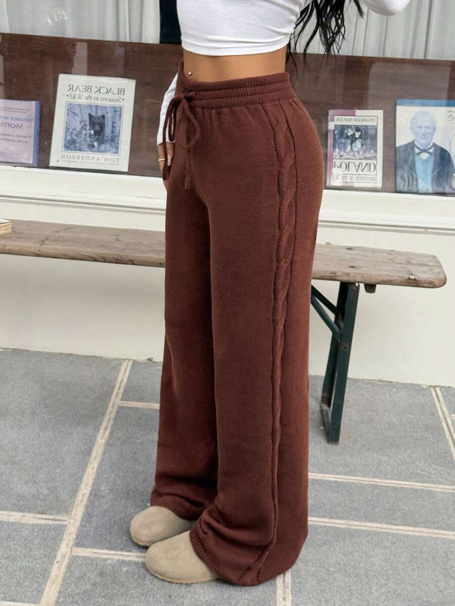 SHEIN EZwear Women's Autumn/Winter New Brown Cable Knit High Waist Loose Pants - Coffee Brown - View 1