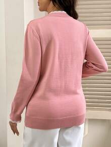 SHEIN Maternity Loose Fit Crew Neck Long Sleeve Sweater With Lace & Rhinestone Trim - Pink - View 2