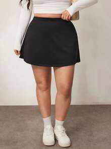 Enliva Plus Size Women's Solid Color Basic Black A-Line Casual Short Skirt, Friendly To Round Body Curves, Winter, For Apple Rounded Body Shape
