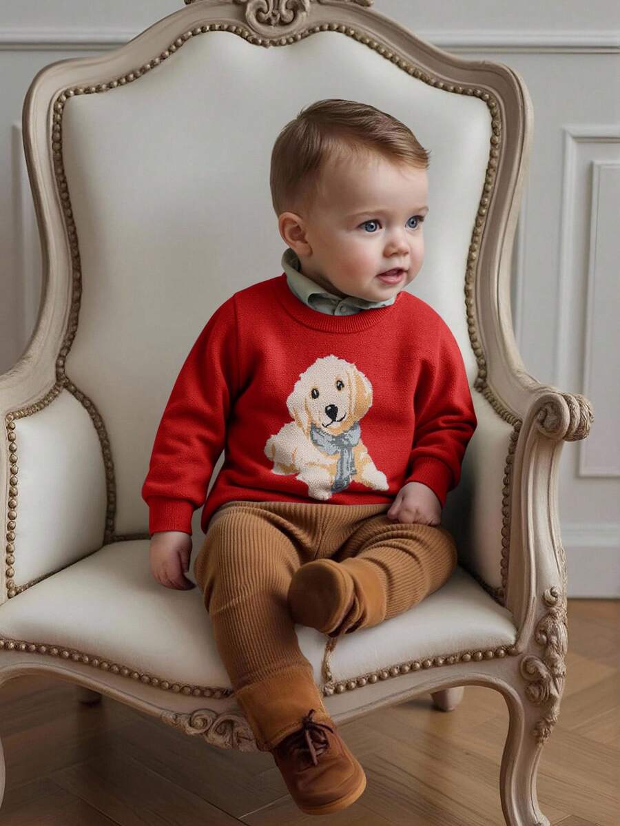 PrepCrw 1 pieza Suéter casual de manga larga con cuello redondo y estampado de perro de dibujos animados para bebés niños, suéter de punto de invierno/otoño para bebé niño, suéter rojo de bebé, suéter de cachorro, suéter de bebé niño, suéter de perro para bebé en otoño, días festivos - Rojo - Ver 1