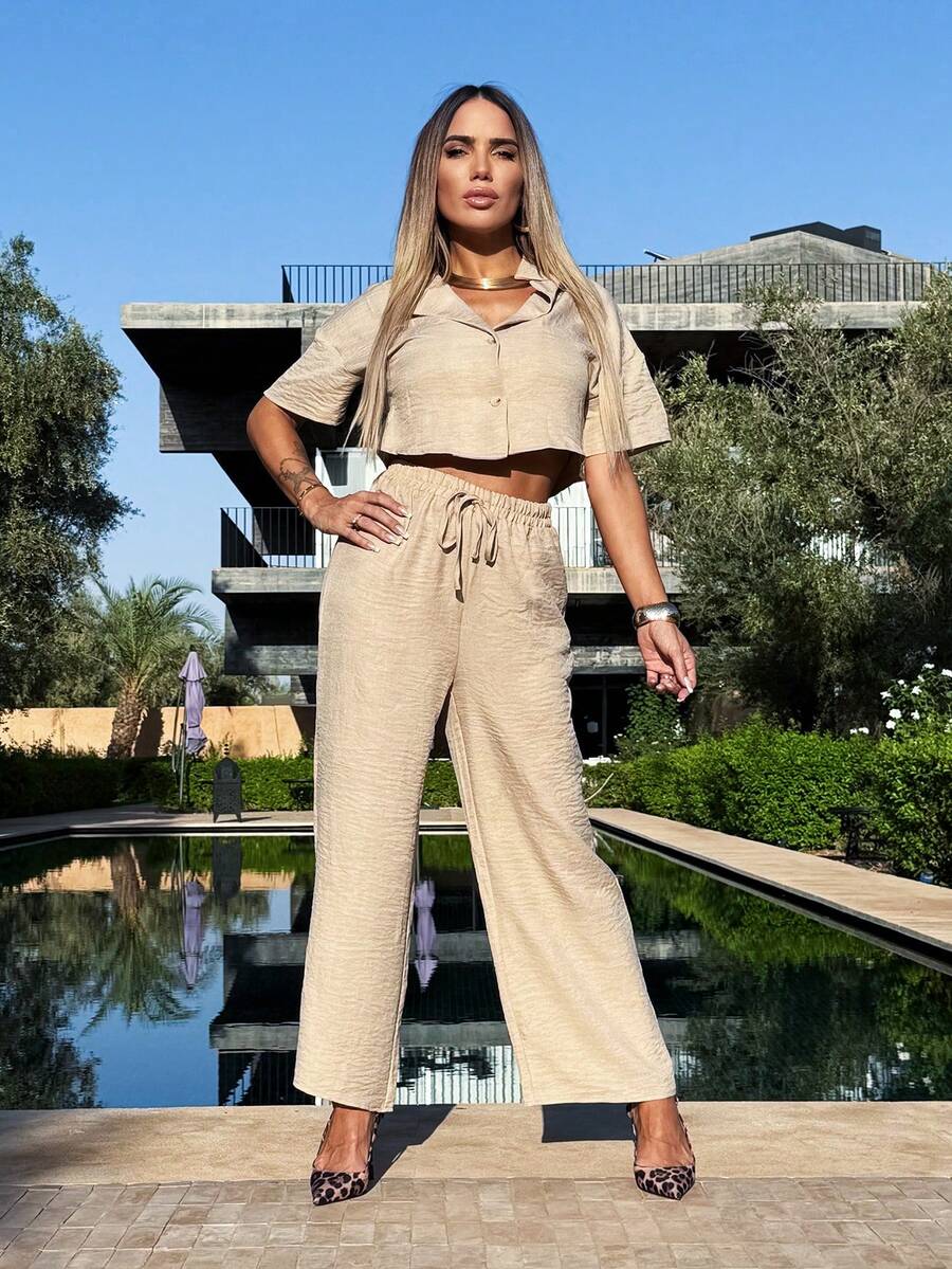 Manon Tanti 2-teiliges Set Damen einfarbiges Kurzarmhemd und Hose, modisch für den Sommer, für zierliche Frauen - Khaki - Übersicht 1