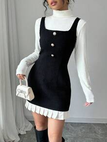 Selianne 女式黑白拼接宽肩带前扣休闲连衣裙 - 彩色 - 查看 5