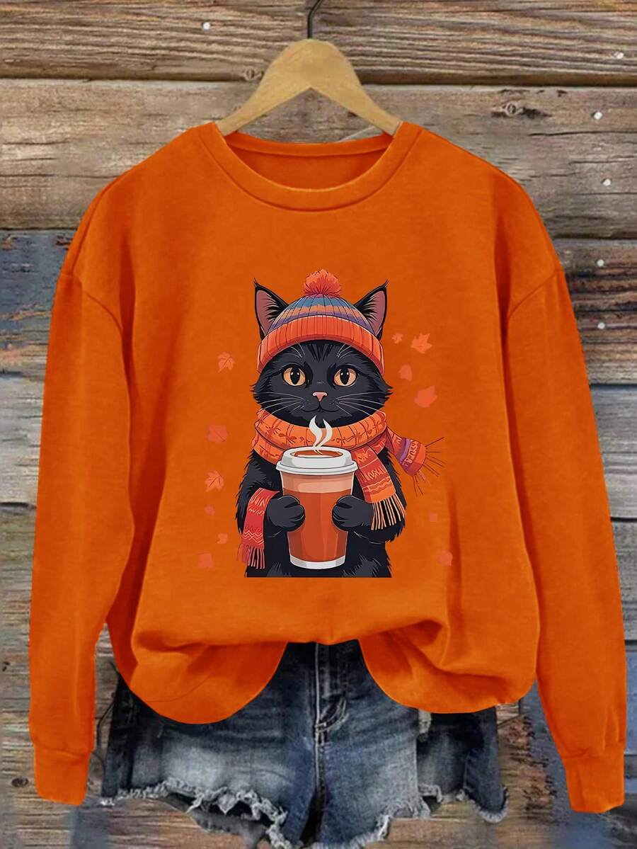 EMERY ROSE 女式休闲卡通黑猫印花落肩宽松保暖内衬卫衣，秋冬 - 橘色 - 查看 1