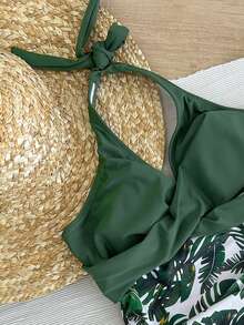 SHEIN Swim Summer Beach Women Halter Random Printed Splice Vacation One Piece Swimsuit - Army Green - View 4