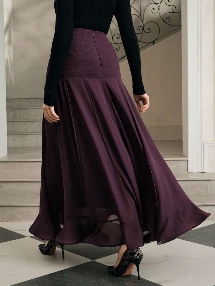 Elegant High Waist Pleated Chiffon Ruffle Hem Skirt, Purple, Suitable For Party, New Year, Wedding, Elegant, Chic, Stylish, Spring, Summer, Valentine