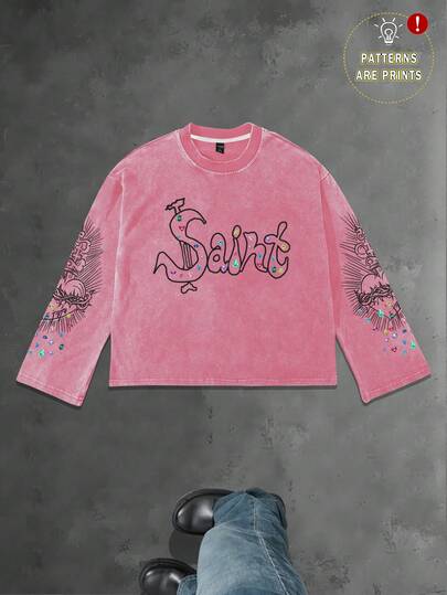 Manfinity EMRG Men's Rose Pink Vintage Washed Crop Top | Saint Curve Letter Crew Neck Tee | Sleeve Heart Decorated Loose Cropped Long Sleeve | #Y2KStyle#  Cool Retro Item,Printed Casual Long Sleeve T-Shirt