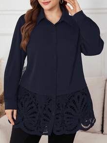 Lacomfia Plus Size Lace Patchwork Long Sleeve Casual Commuter Versatile Shirt - Navy Blue - View 5