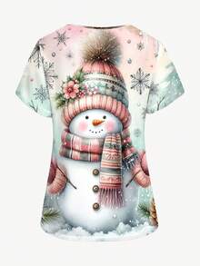 PopScrub Modna damska koszulka z krótkim rękawem i dekoltem w serek, z akwarelowym bałwanem, z grafiką, na Boże Narodzenie