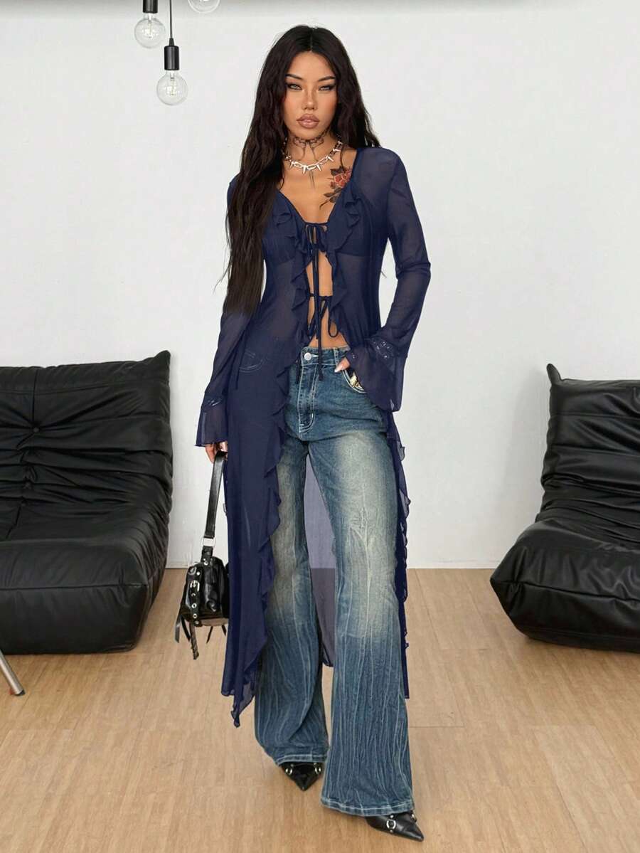 Coolane Áo khoác dài màu xanh đậm/Áo choàng dài phối dây lưới xếp nếp Gyaru cho lễ hội âm nhạc Hippie Renaissance Fair Rave mùa đông/mọi mùa dành cho nữ - Màu xanh lam - Xem 1