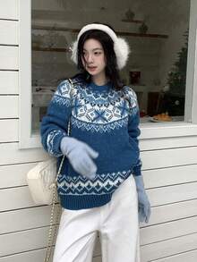 DAZY Women's Round Neck Christmas Korean Style Long Sleeve Sweater, Autumn/Winter - Blue - View 2