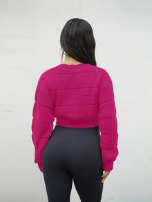 SAYEHFBABY 罗纹针织纯色短款毛衣，女士春/秋休闲长袖常规版型热粉色落肩套头衫女式毛衣，长袖上衣 - 玫紅色 - 查看 5