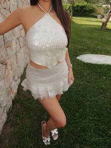 Ambs Edit Women's Elegant Ruffle Hem Design Vacation Style Mini Skirt - Apricot - View 6