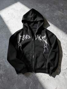 Manfinity EMRG 男士刺绣双头拉链连帽卫衣，冬季男士圣诞节礼物，舒适秋冬款式，长袖上衣 - 黑色 - 查看 4