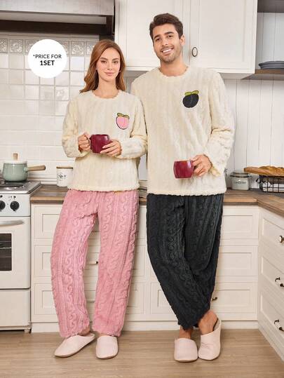 CoupledUp Conjunto de pijama de felpa con bordado y jacquard melocotón casual para hombre, adecuado para estar en casa y salir