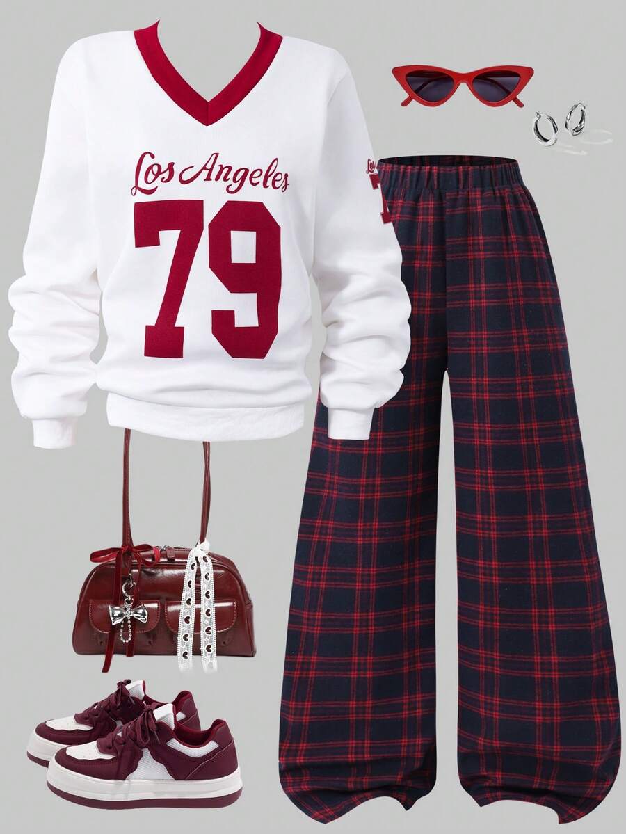 Teen GirlCasual Christmas Homewear V-Neck Graphic Sweatshirt & Plaid Pants Set - Red - View 1