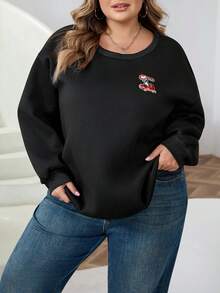 SHEIN CURVE+ Plus Size Casual Simple Cherry Embroidery Pattern Round Neck Long Sleeved Loose Women's Sweatshirt - Black - View 7