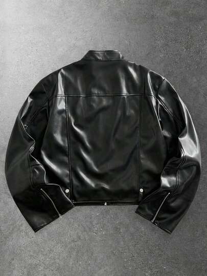 Street Life Veste décontractée à fermeture éclair en PU de couleur unie pour hommes
