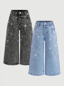 Set de 2 pantalones vaqueros de pierna ancha y suelta con adornos de strass para niñas, azul y negro - Multicolor - Ver 6