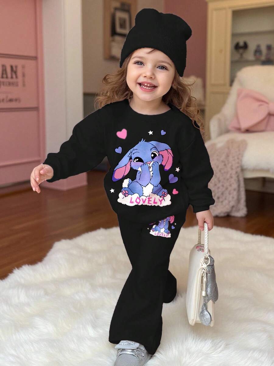 黑色，可爱卡通蓝色兔子图案，女婴休闲简约加厚柔软圆领长袖套头卫衣搭配喇叭裤，时尚套装，适合秋冬季穿着。 - 彩色 - 查看 1