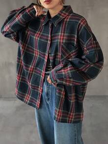 FRIFUL 女士格子落肩长袖单排扣休闲宽松衬衫 - 藏蓝色 - 查看 5