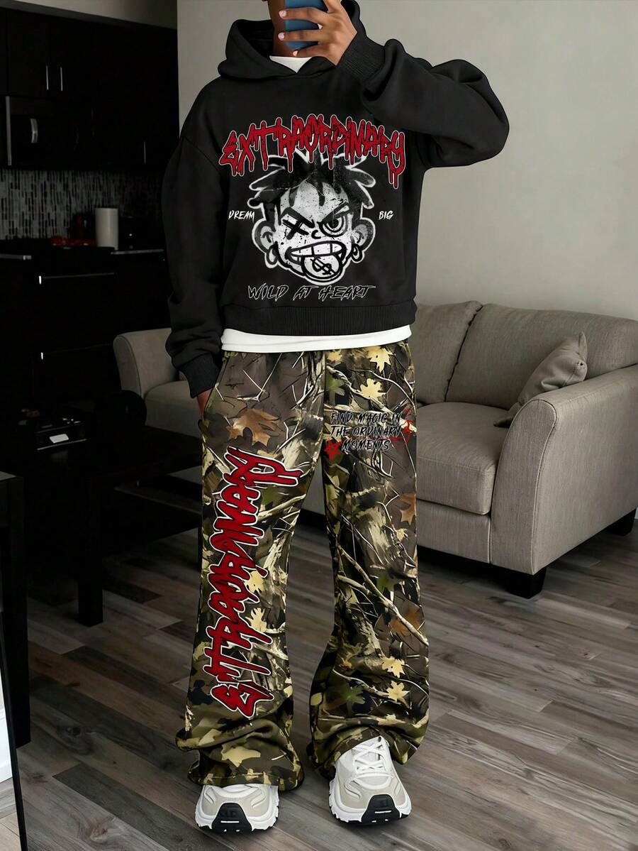 2 Stücke Teenager Jungen Lässiger Alltags Vielseitiger Bequemer Bedruckter Kapuzenpullover und Gerade Locker Sitzende Jogginghose Gestrickter Zweiteiler Sweatshirt Anzug Geeignet für Herbst und Winter