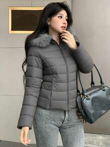 DAZY 女士优雅毛领拼接绗缝外套，秋冬款 - 深灰色 - 查看 2