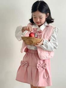 SHEIN 3pcs/Set Young Girls Autumn/Winter New 2025 Outfit, Collar Ruffle Flutter Sleeve Elastic Cuff Cardigan, Bow Vest, Pink Pleated Skirt, Sweet & Fashionable Versatile 3-Piece Set - Multicolor - View 9