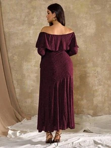 Roveilla 大码女式法式休闲牡丹花卉露肩鱼尾连衣裙 - 中紫紅色 - 查看 2