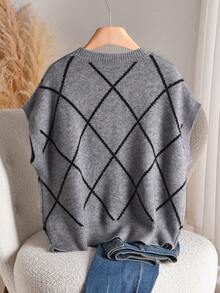 CosyJoli 大码蝴蝶结装饰圆领宽松针织毛衣，秋冬款 - 灰色 - 查看 2