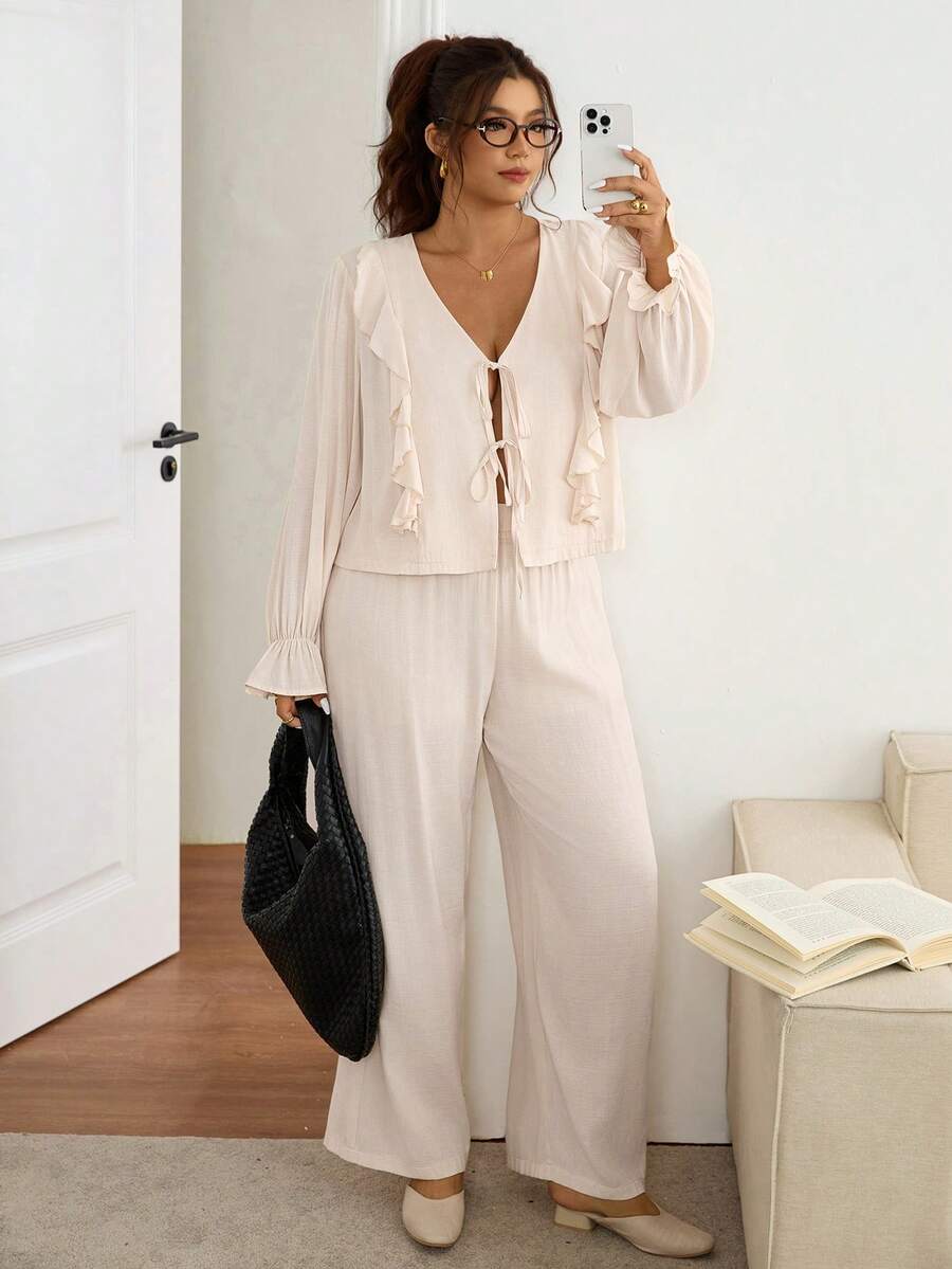 SHEIN Frenchy Áo sơ mi dài tay hở trước cỡ lớn dành cho nữ, bộ 2 món, màu mơ - Màu be - Xem 1